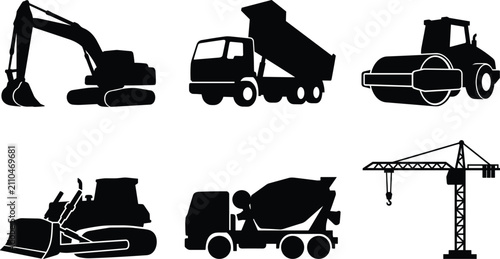 Heavy construction machinery and building vehicle icon set featuring crawler excavator tipper dump truck road roller bulldozer concrete cement mixer truck and tower crane vector