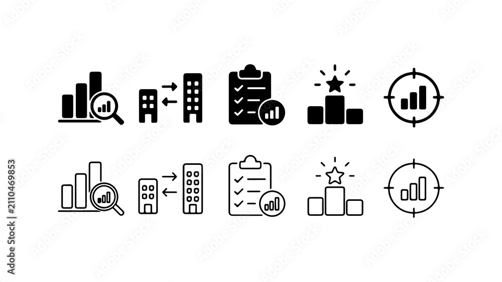 Fototapeta premium Business Data Analysis and Strategy Icon Set in Silhouette and Outline Vector