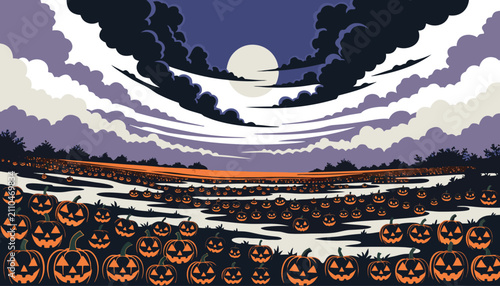 Fotografía Pixel art pumpkin patch under a full moon at night