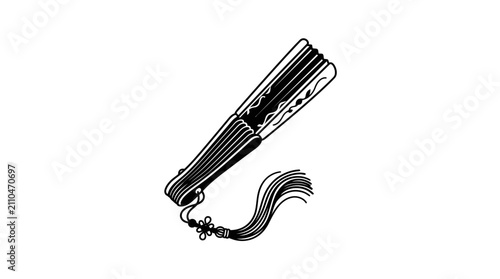 A detailed black and white line art illustration of a closed traditional folding fan with a decorative tassel.