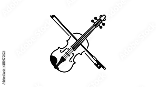 A simple black and white line art illustration of a violin and bow.