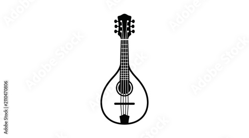 A minimalist black and white line art illustration of a traditional mandolin musical instrument.