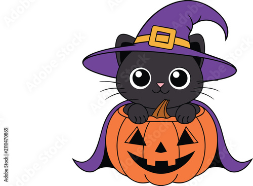 Cute black cat wearing witch hat sitting in pumpkin