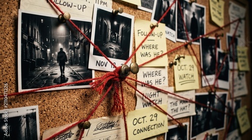 Detective's Conspiracy Board: A visually striking corkboard displays a complex web of crime scene photos, notes, and red string, hinting at a thrilling mystery and meticulous investigation.