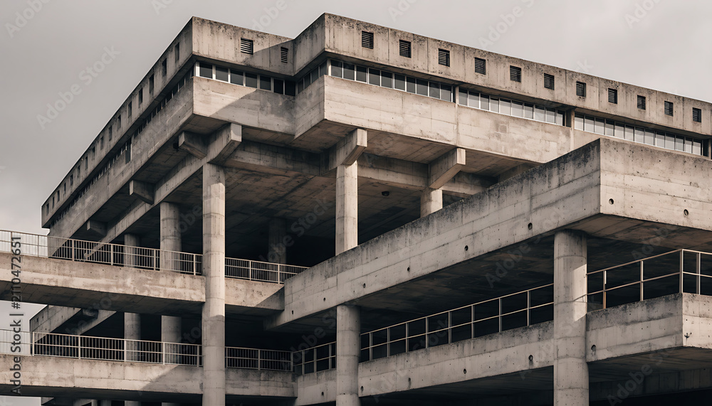 Fototapeta premium Brutalist architecture building with elevated walkways and concrete columns against overcast sky.
