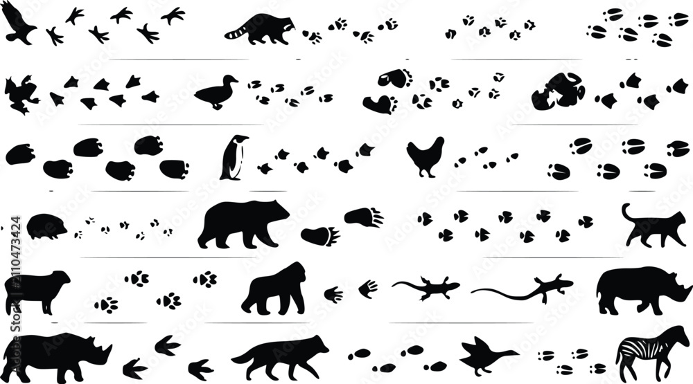 Obraz premium Black silhouettes of various wild animals and birds accompanied by their unique footprints and tracks for nature education and wildlife design projects