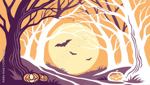 Spooky halloween forest with full moon and pumpkins