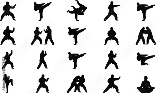 Foto Set of black silhouettes showing people practicing martial arts karate and judo