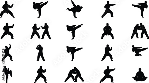 Foto Set of black karate martial arts fighter silhouettes performing various kicks pu