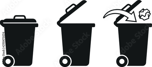 Foto Wheelie Trash Bin Silhouette Set Showing Closed Open Lid and Throwing Crumpled P