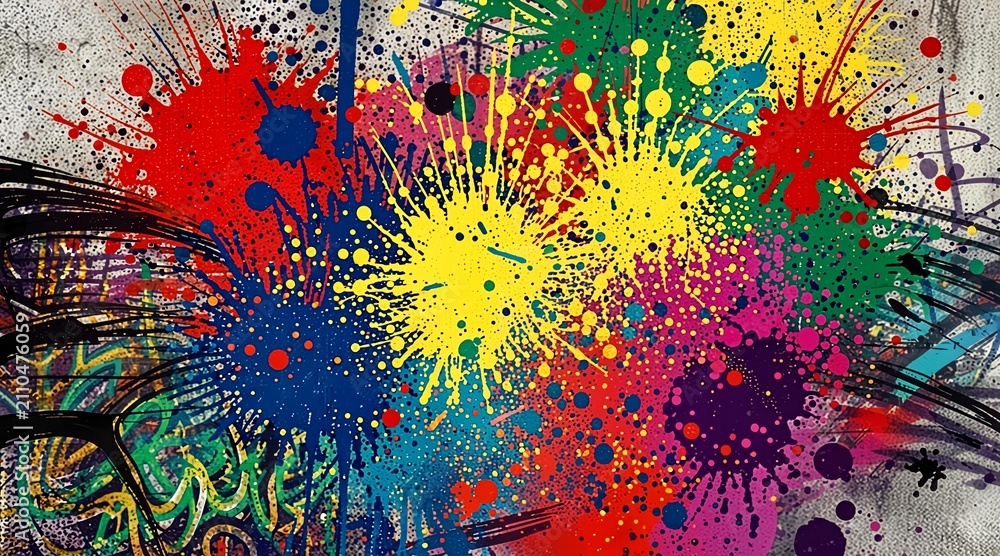 Fototapeta premium Vibrant abstract paint splatters and colorful splashes background with street art graffiti style elements