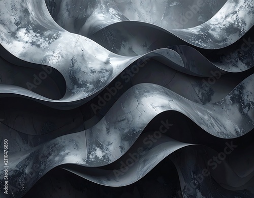 Abstract, flowing artwork. A series of undulating, ribbon-like forms display a marbled, cool-toned texture, suggesting depth