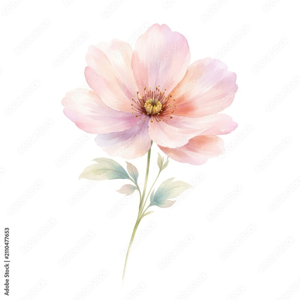Obraz premium Delicate watercolor flower with soft pink petals and green leaves.