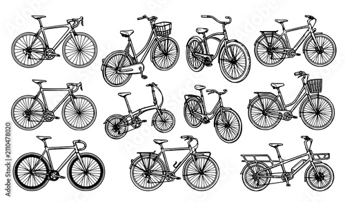 Collection of eleven bicycle types including road folding cruiser and cargo bikes hand drawn vector line art illustration set