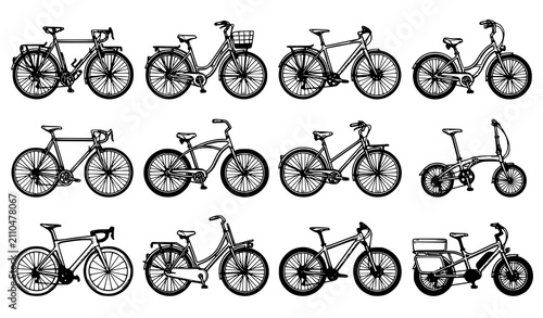 Foto Grid set of twelve bicycle types road mountain cruiser and folding bikes hand dr