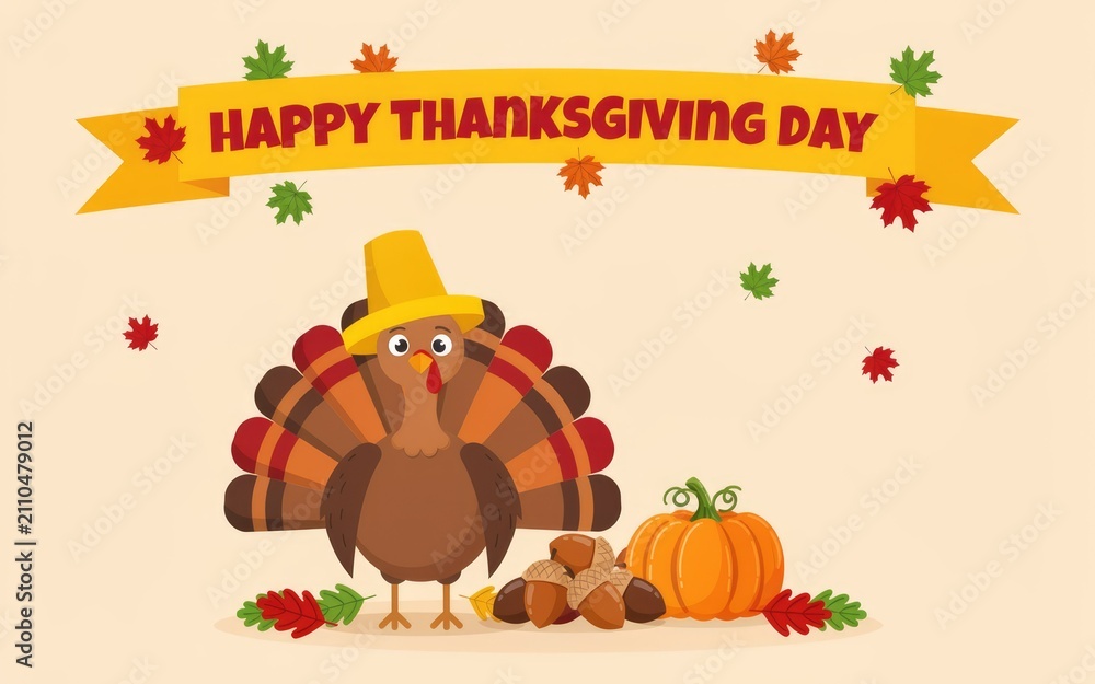 Fototapeta premium Cute cartoon turkey wearing a pilgrim hat celebrating the festive holiday of thanksgiving day with pumpkins