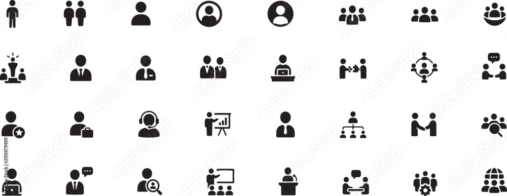 Obraz premium Isolated Business people icon set, professional human resource silhouettes, corporate team and leadership vector symbols for management presentations ,Clean grouped each Icon