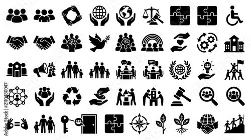 Set of black social responsibility and business ethics icons for corporate websites and professional design projects