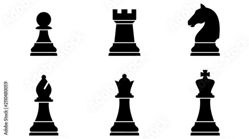 Foto Set of black chess piece icons including pawn rook knight bishop queen and king