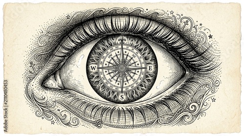 Detailed black and white eye with compass