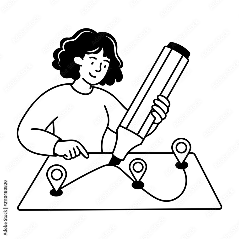 Fototapeta premium Woman viewing a moving parcel route through a large magnifying glass.