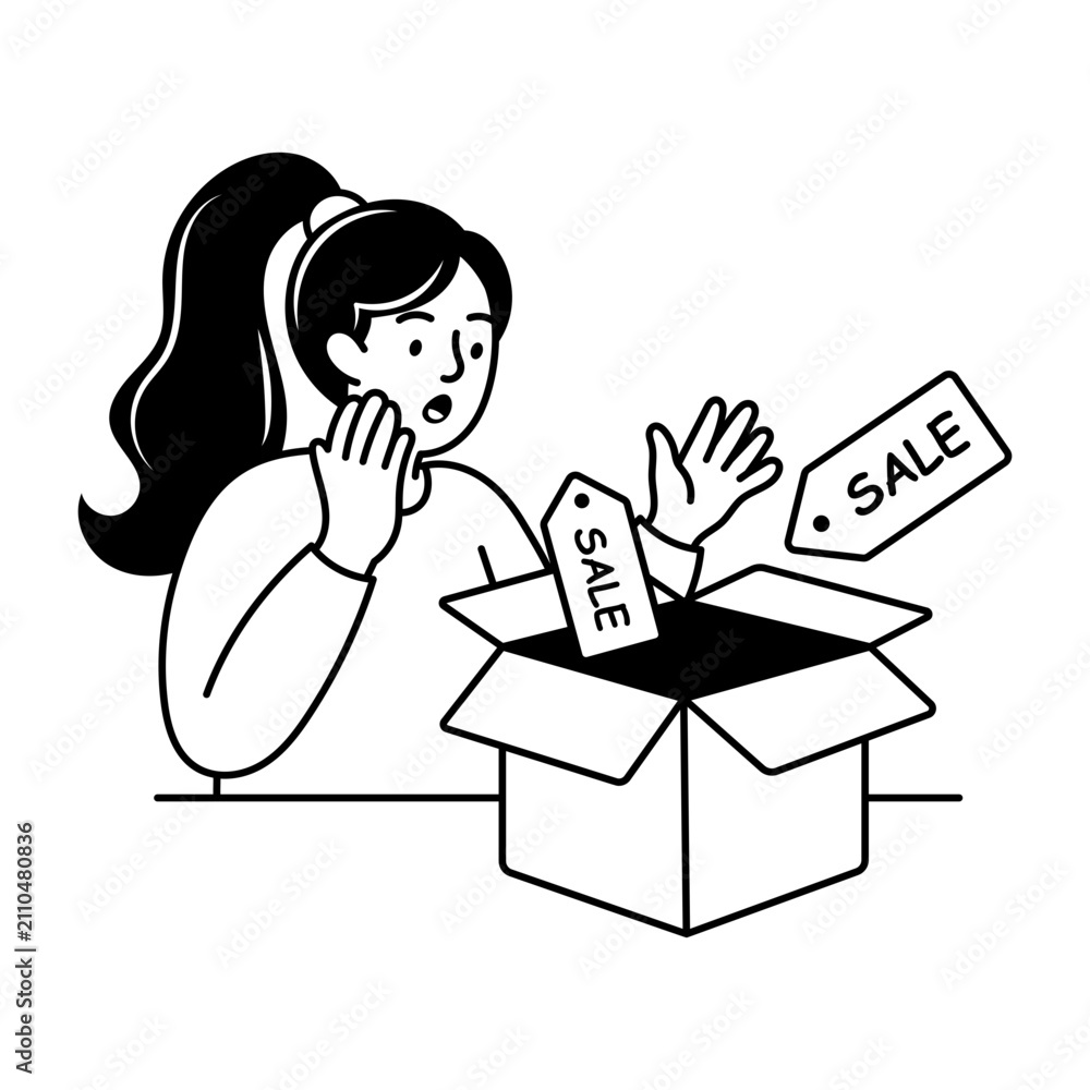 Naklejka premium Woman opening a package containing a surprise discount offer and products.