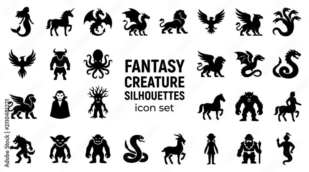 Obraz premium Set of black silhouette icons of fantasy creatures and mythical monsters for design projects