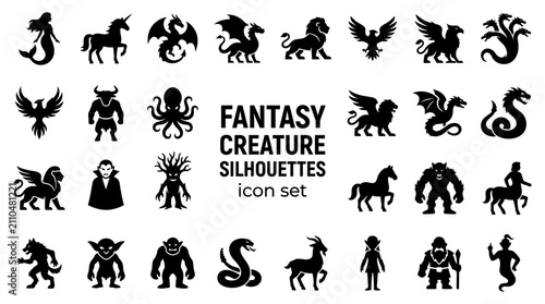 Foto Set of black silhouette icons of fantasy creatures and mythical monsters for des