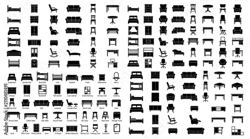 Set of simple black furniture icons for home interior design and floor plans