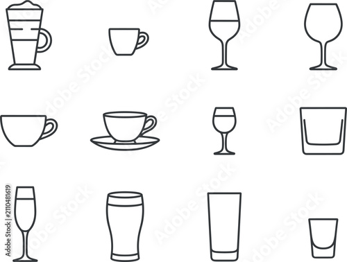 Obraz na płótnie Vector set of drinkware black line icons featuring coffee cups teacup wine glass