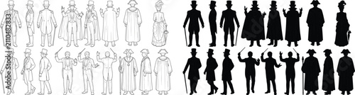 Konstfotografi Victorian era people silhouettes and outline collection with historical costume