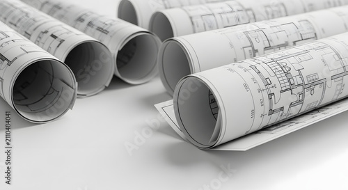 Architectural blueprints rolled up and stacked on a white background, representing construction plans, engineering design, and project development with detailed drawings and technical schematics for