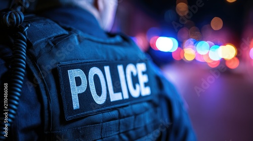 Close-up of a police officers uniform with the word POLICE visible.