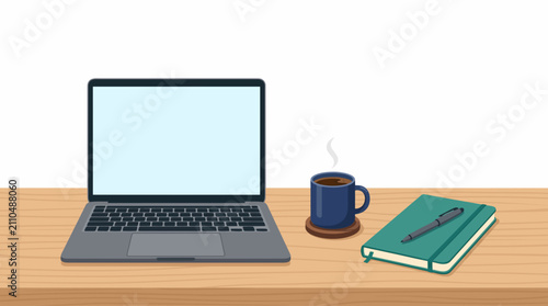 Laptop, Notebook, and Coffee Mug: A clean desk setup featuring a modern laptop, a closed notebook with a pen, and a steaming mug of coffee, ideal for productivity and focus.
