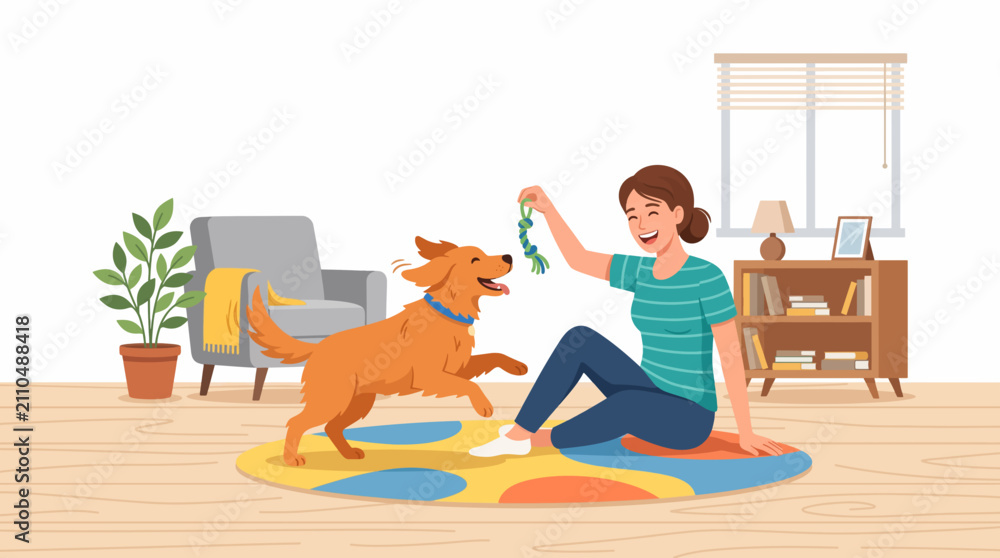 Fototapeta premium Woman Playing with Dog: A woman happily plays with her golden retriever dog indoors, a toy between them, creating a heartwarming scene of companionship and joy in a cozy living room.