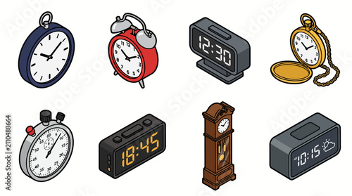 Isometric collection of various clocks and timekeeping devices