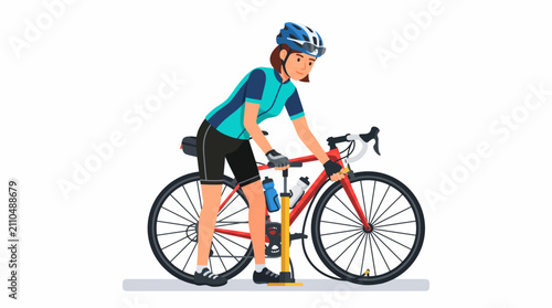 Cyclist preparing bike: A female cyclist in a helmet and athletic wear uses a bike pump to inflate the tire of her racing bicycle, preparing for a ride.