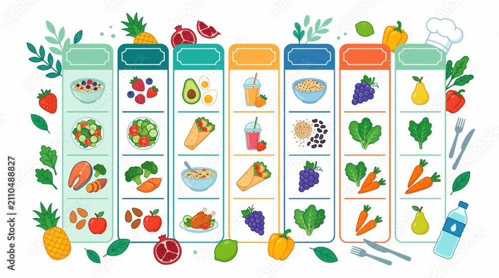 Fototapeta premium Healthy Eating Schedule: A colorful illustration showcasing a weekly meal plan with balanced, nutritious food options presented in a visually appealing grid.