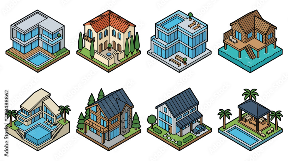 Fototapeta premium Isometric collection of modern villas and residential houses