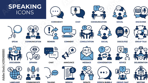 Foto Speaking icons set for business communication chat discourse social group talk c