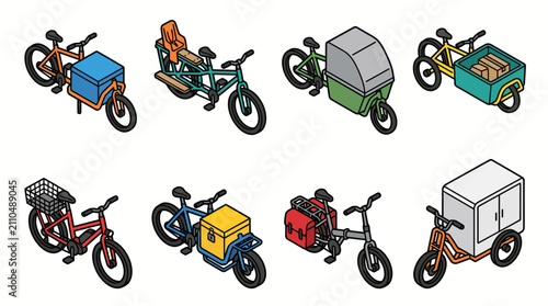 Colorful isometric cargo bikes and urban delivery bicycles set