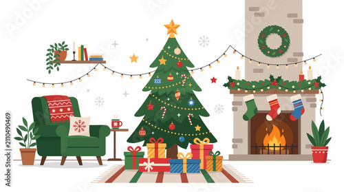 Cozy Christmas Living Room Scene: A beautifully decorated Christmas tree stands proudly in a warm and inviting living room, adorned with festive lights, presents, and stockings hung by the fireplace.