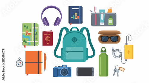 Travel Essentials Collection: A curated selection of items for your next adventure, including a backpack, passport, headphones, and camera, neatly arranged to inspire your wanderlust.