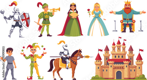 Tableau sur toile Medieval kingdom royal castle and fairy tale characters vector cartoon setMediev