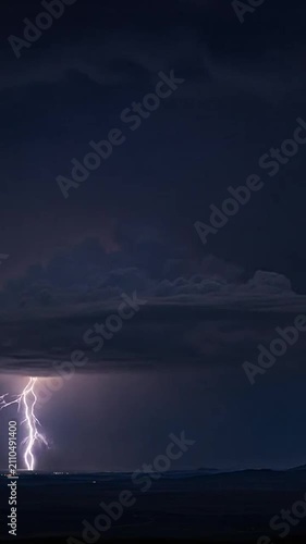 Dramatic thunderstorm with powerful lightning strikes illuminating dark heavy clouds above a distant horizon