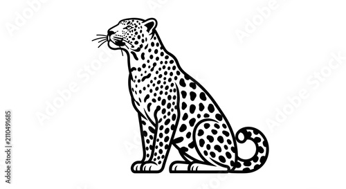 A black and white vector illustration of a spotted leopard sitting down and looking to the side. Isolated on a white background.