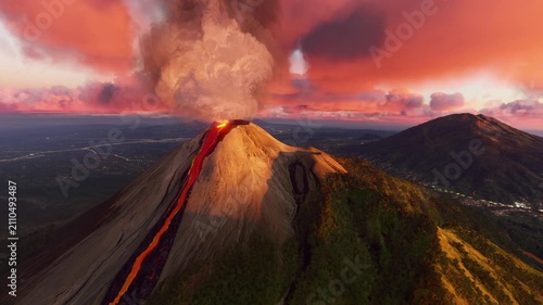 3D - Circular aerial view at sunset of Mount Merapi eruption in Boyolali Regency. Central Java. Indonesia