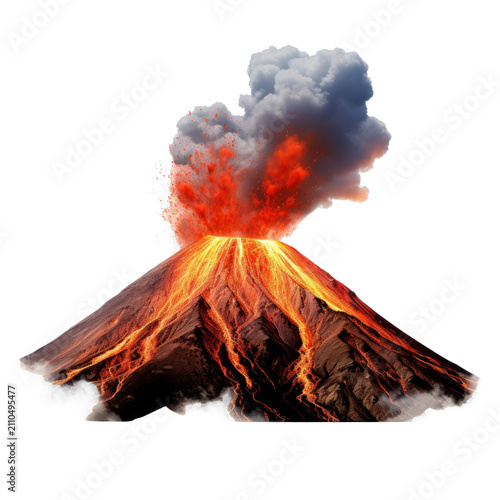 A volcano erupts with a massive plume of fiery red and gray smoke billowing from its summit. Molten lava flows down the dark, rugged slopes of the volcano.