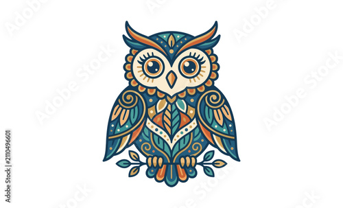 Ornate Folk Art Owl Vector Illustration