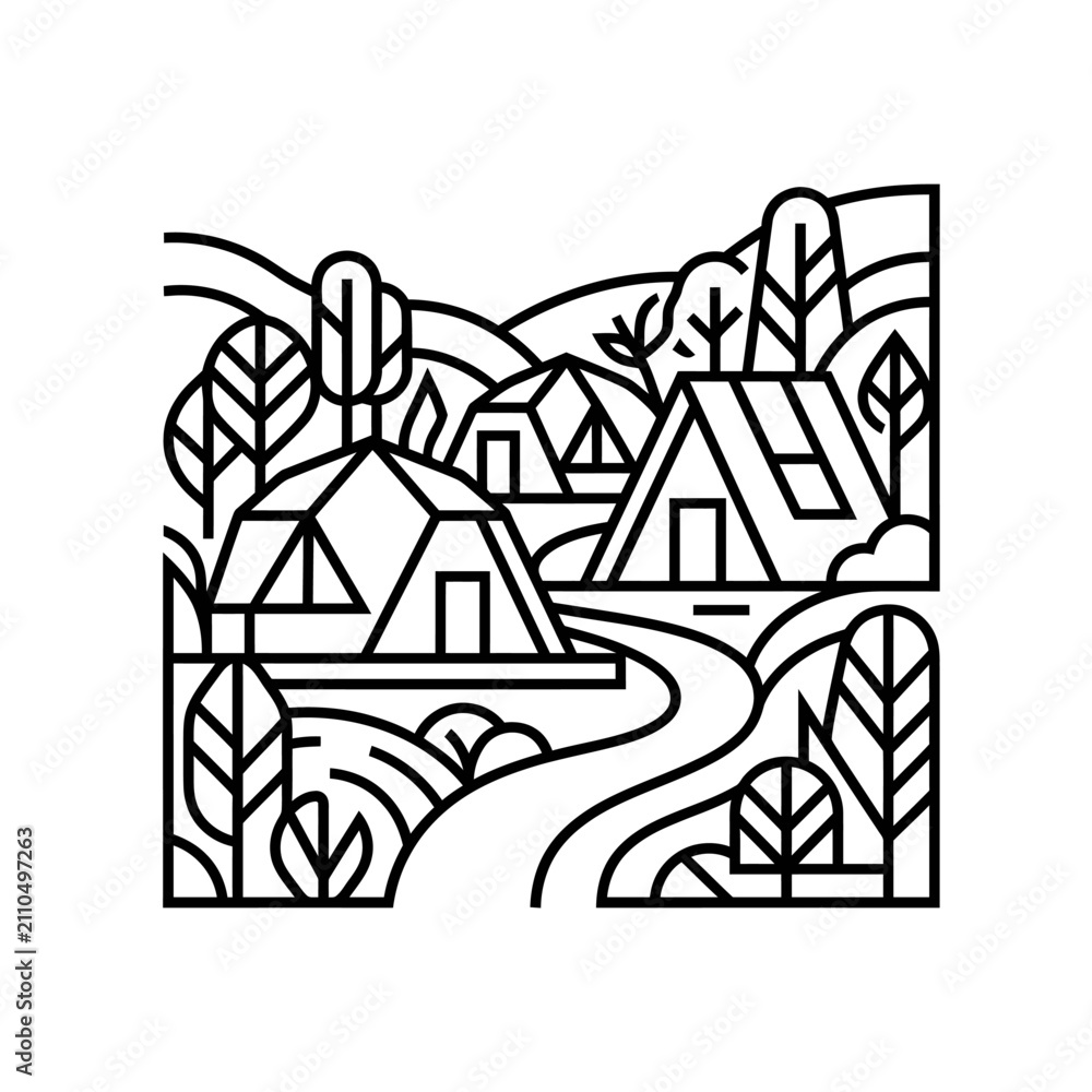 Naklejka premium A clean, minimalist vector line art illustration of a modern glamping site nestled in a scenic, hilly, and forested landscape.